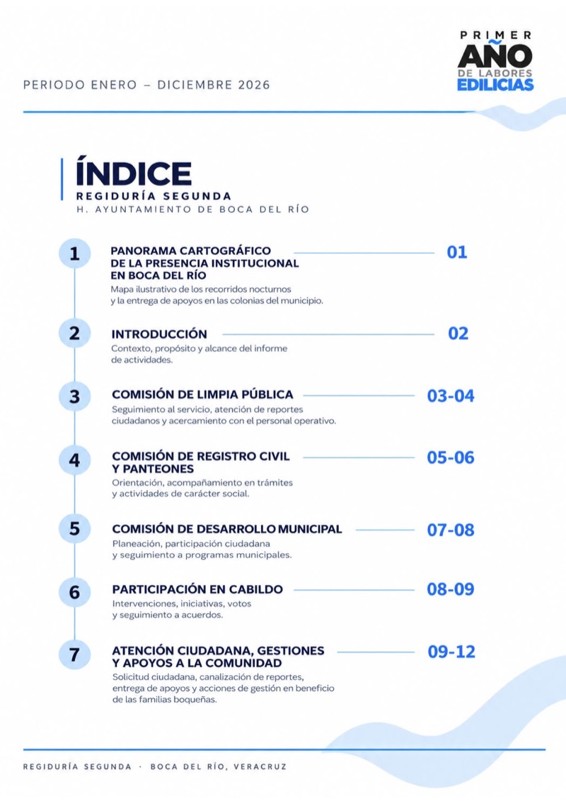 Página 2 del informe: índice.